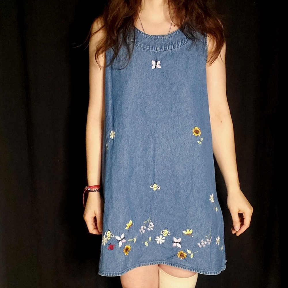 Denim embroidered shift dress